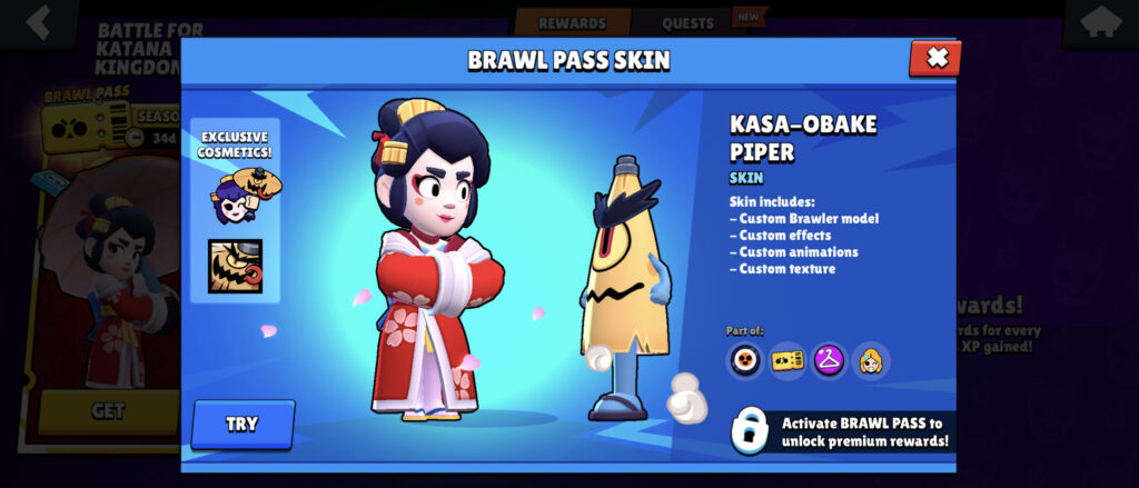 It's a Brawl Stars screenshot: the skin Kasa-obake Piper in the Brawl Pass season Battle for Katana kingdom.