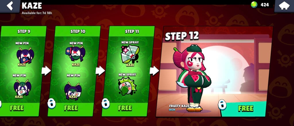 The screenshot from the mobile game Brawl Stars features items in the shop bundle for the character Kaze: pins, sprays, and her skin.