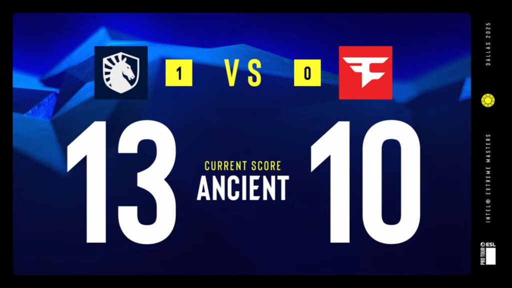It’s a score in the CS2 esports match between FaZe vs Liquid in the group stage of IEM Dallas 2025: game 1.