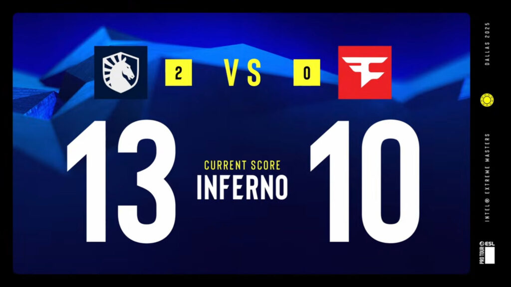 It’s a score in the CS2 esports match between FaZe vs Liquid in the group stage of IEM Dallas 2025: game 2.