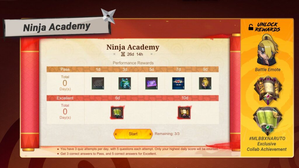 MLBB x Naruto Ninja Academy all quiz questions and answers, listed