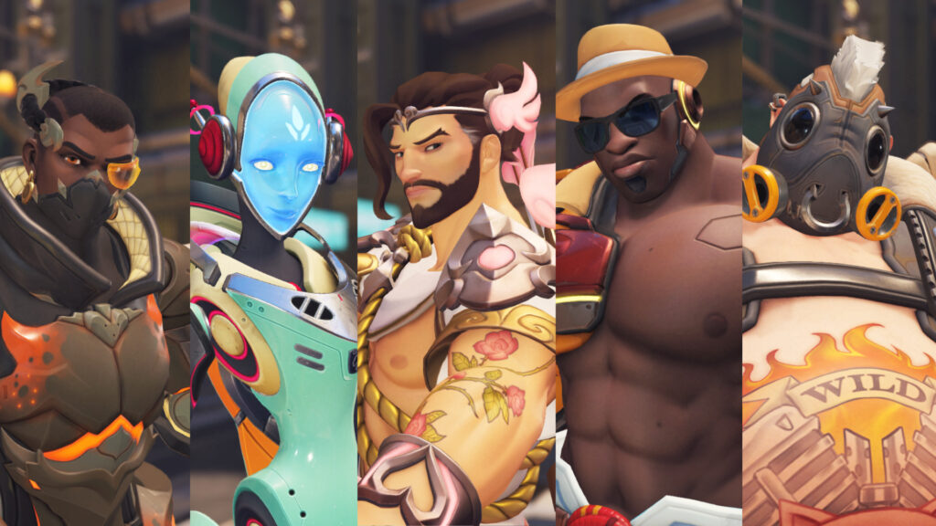 Baptiste, Echo, Hanzo, Doomfist, and Roadhog in Overwatch 2