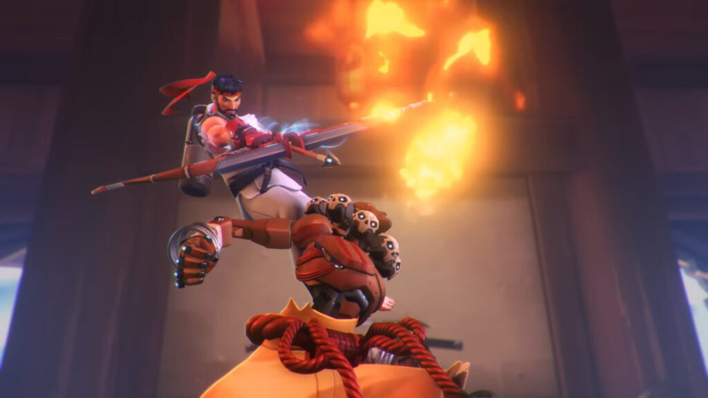 Hanzo as Ryu and Zenyatta as Dhalsim pose 