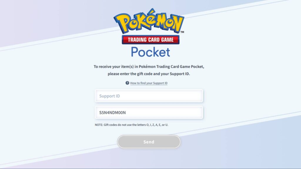 Pokémon TCGP webpage for entering the gift code
