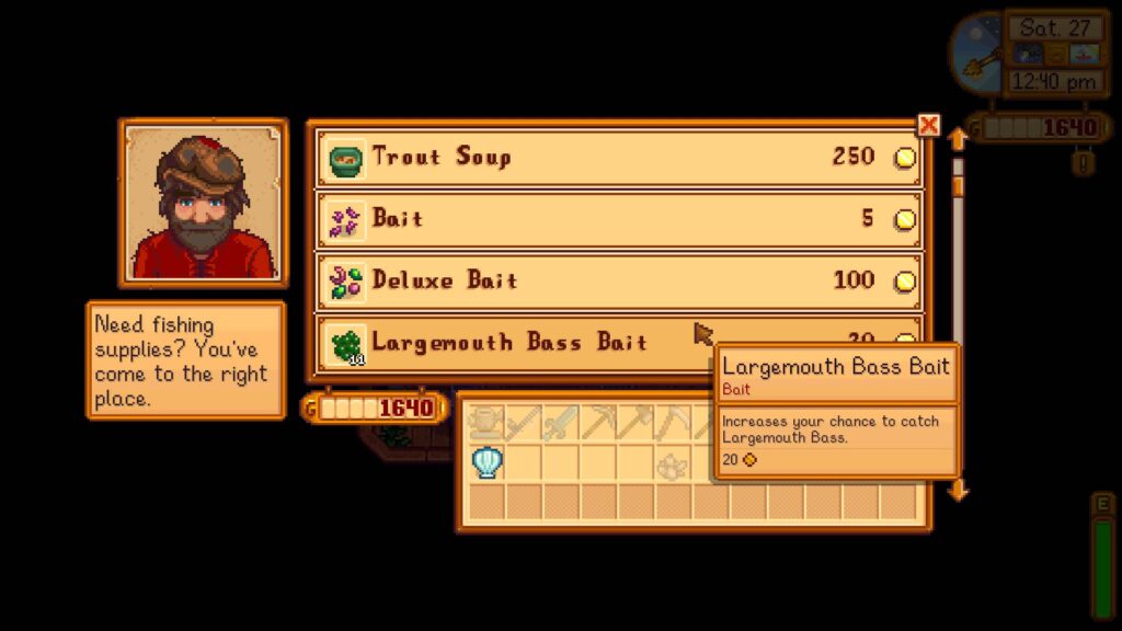 Purchasable baits at the Fishing Shop