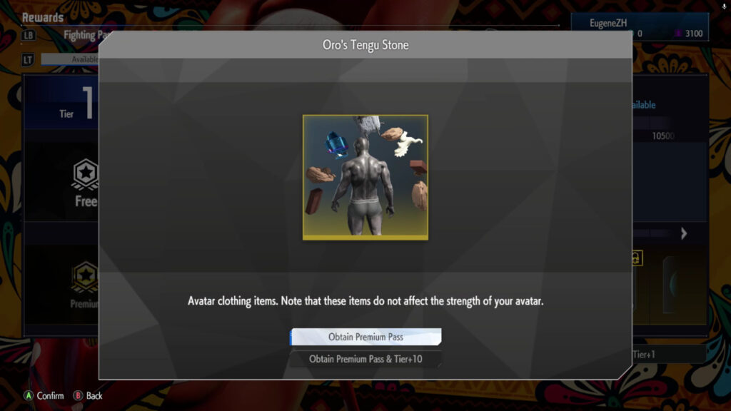 The Street Fighter 6 screenshot shows a Premium reward in the May 2025 Fighting Pass Get Ready for Elena in SF6 — Oro's Tengu Stone.