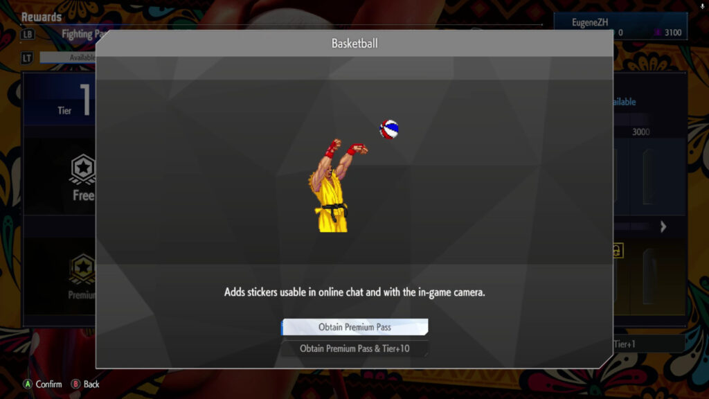 The Street Fighter 6 screenshot shows a Premium reward in the May 2025 Fighting Pass Get Ready for Elena in SF6 — sticker Basketball.