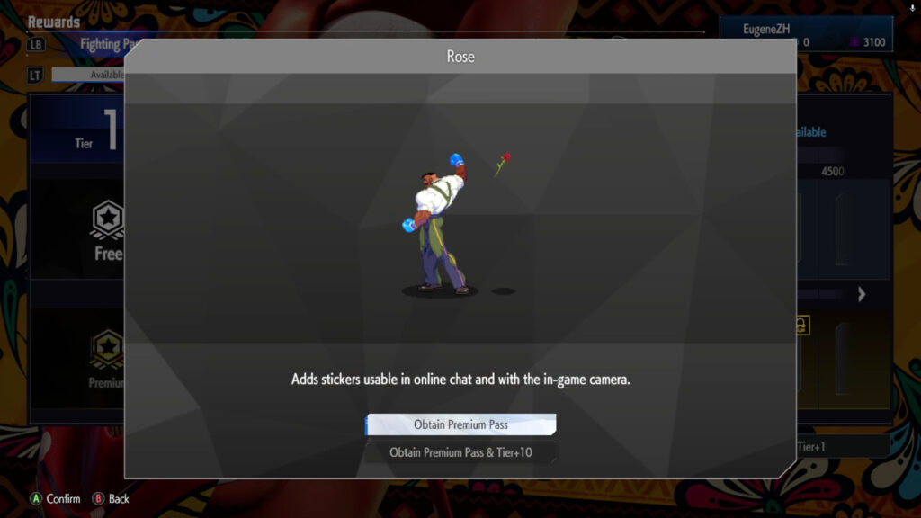 The Street Fighter 6 screenshot shows a Premium reward in the May 2025 Fighting Pass Get Ready for Elena in SF6 — sticker Rose.