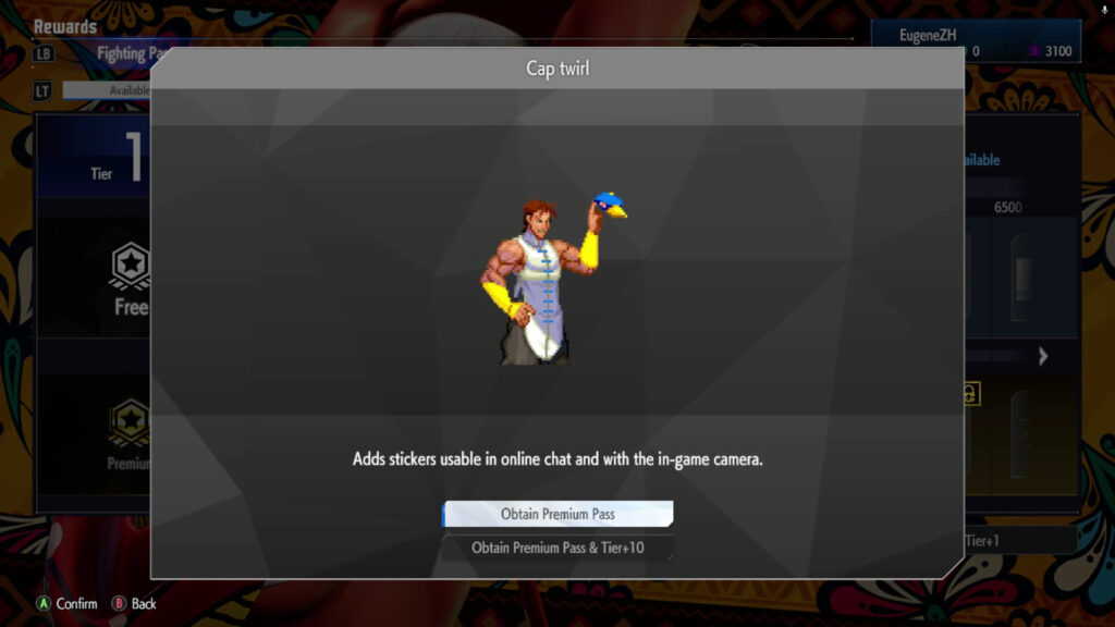 The Street Fighter 6 screenshot shows a Premium reward in the May 2025 Fighting Pass Get Ready for Elena in SF6 — sticker Cap twirl.