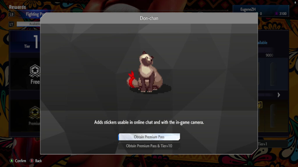 The Street Fighter 6 screenshot shows a Premium reward in the May 2025 Fighting Pass Get Ready for Elena in SF6 — sticker Don-chan.