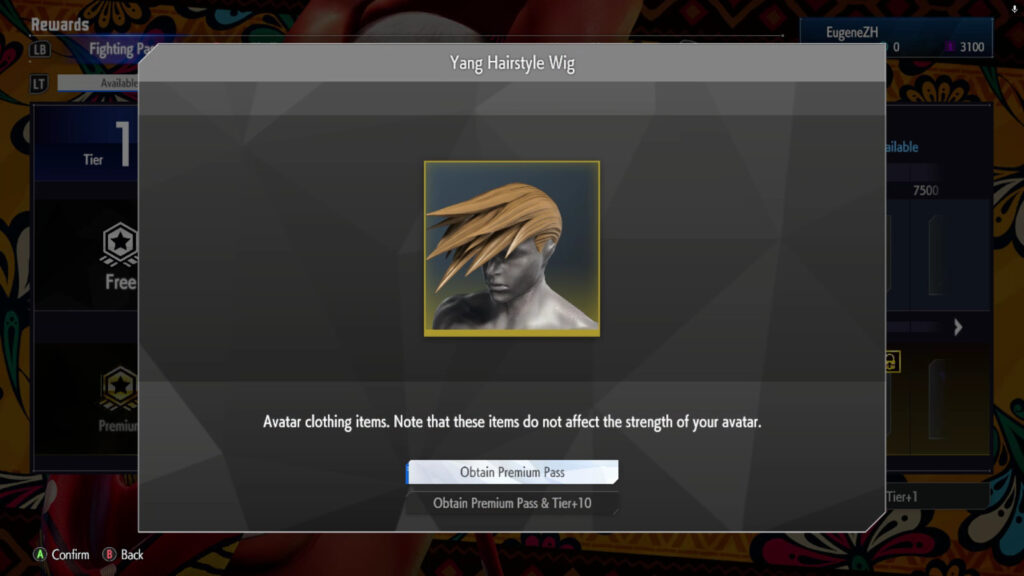 The Street Fighter 6 screenshot shows a Premium reward in the May 2025 Fighting Pass Get Ready for Elena in SF6 — Yang Hairstyle Wig.