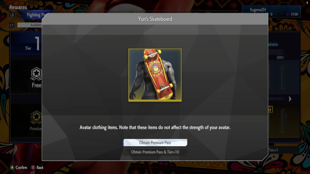 The Street Fighter 6 screenshot shows a Premium reward in the May 2025 Fighting Pass Get Ready for Elena in SF6 — Yun's Skateboard.