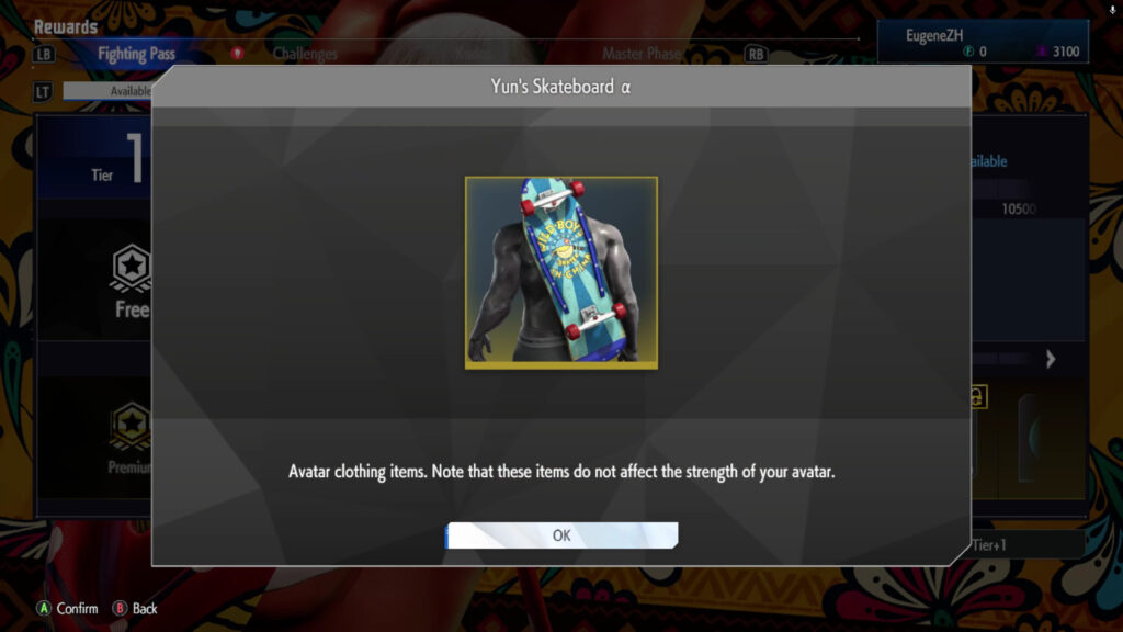 The Street Fighter 6 screenshot shows a Free reward in the May 2025 Fighting Pass Get Ready for Elena in SF6 — Yun's Skateboard α.