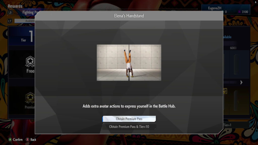 The Street Fighter 6 screenshot shows a Premium reward in the May 2025 Fighting Pass Get Ready for Elena in SF6 — Elena’s handstand avatar action.