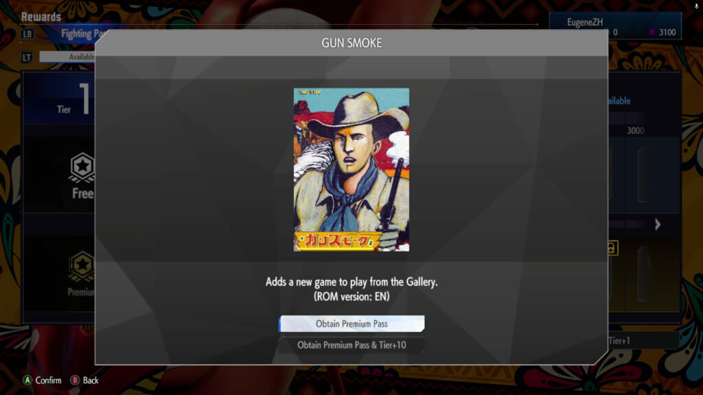 The Street Fighter 6 screenshot shows a Premium reward in the May 2025 Fighting Pass Get Ready for Elena in SF6 — the game Gun.Smoke.