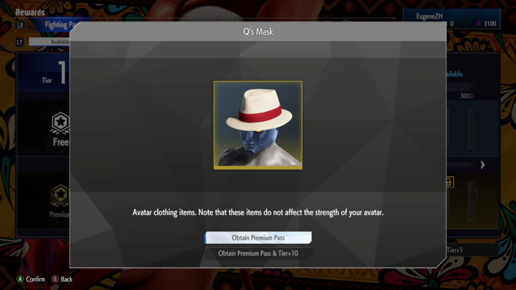 The Street Fighter 6 screenshot shows a Premium reward in the May 2025 Fighting Pass Get Ready for Elena in SF6 — Q's Mask.