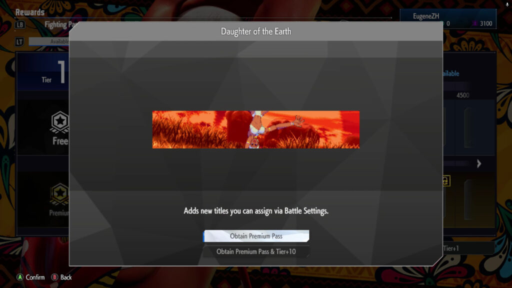 The Street Fighter 6 screenshot shows a Premium reward in the May 2025 Fighting Pass Get Ready for Elena in SF6 — the title Daughter of the Earth.