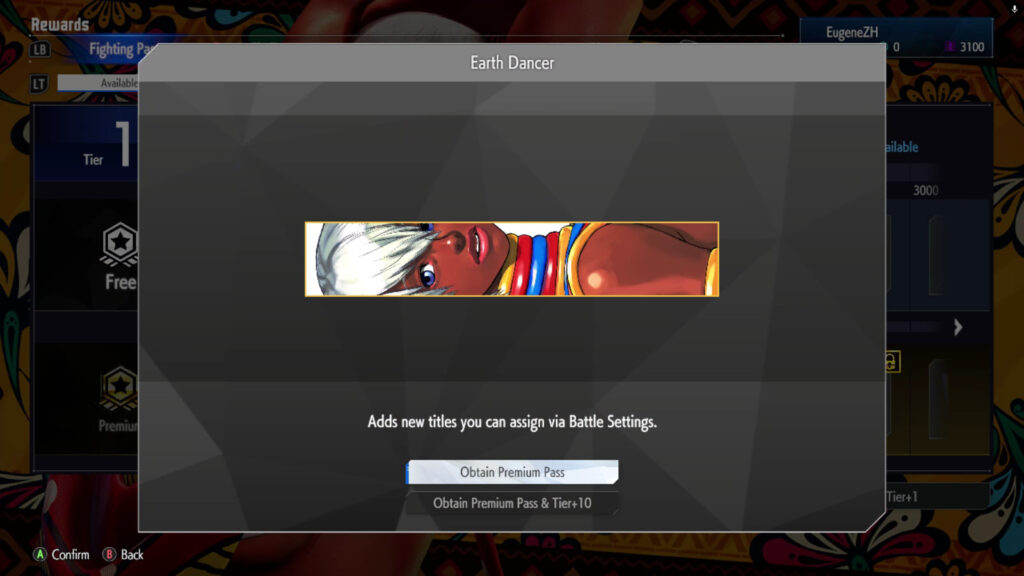 The Street Fighter 6 screenshot shows a Premium reward in the May 2025 Fighting Pass Get Ready for Elena in SF6 — the title Earth Dancer.