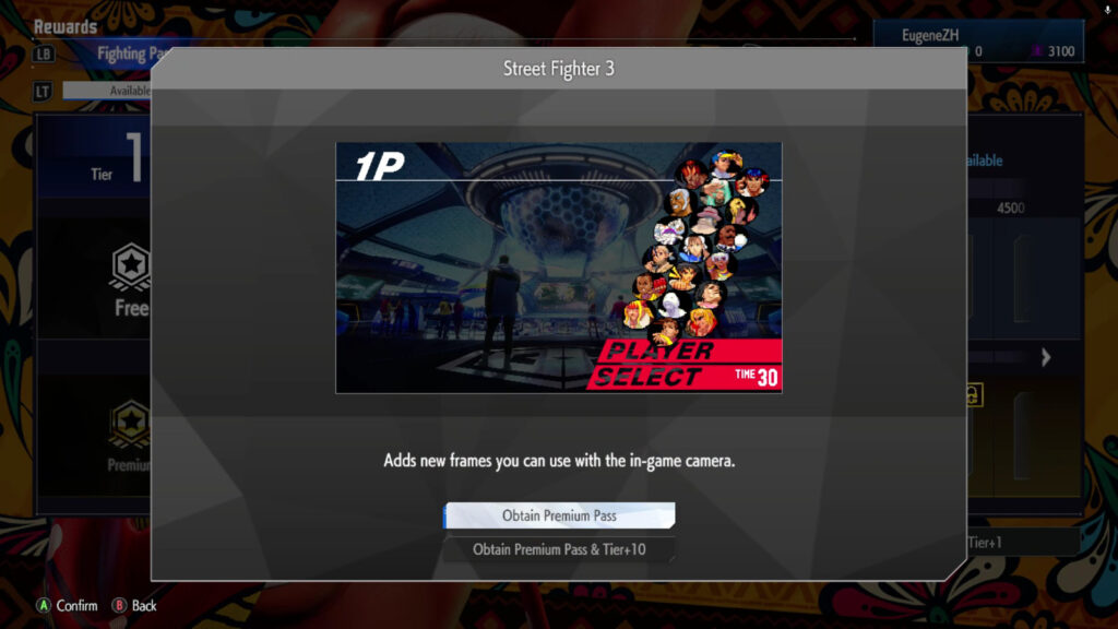 The Street Fighter 6 screenshot shows a Premium reward in the May 2025 Fighting Pass Get Ready for Elena in SF6 — Street Fighter 3 frame.