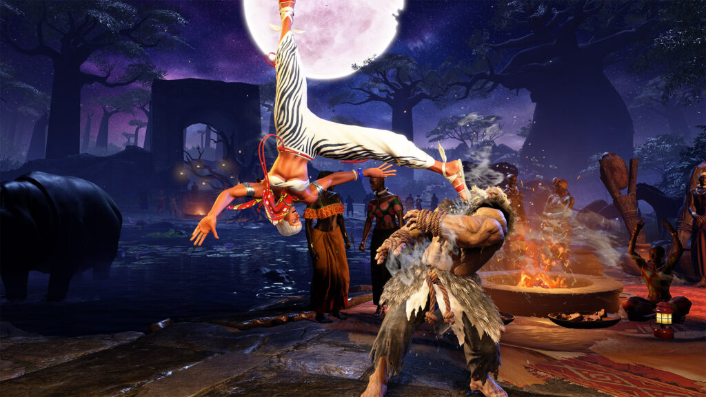This Street Fighter 6 screenshot shows a moment of fight between Elena and Akuma.
