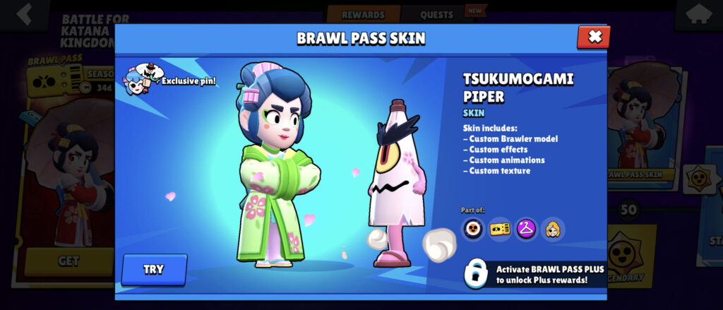 It's a Brawl Stars screenshot: the Chroma skin Tsukumogami Piper is a reward in the Brawl Pass season Battle for Katana kingdom - for the Premium Plus subscribers.