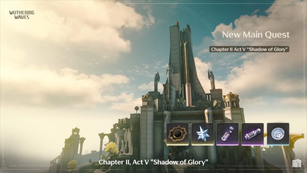 The image is a screenshot from the WuWa 2.4 live stream. It reveal the name and rewards of the Main Quest Act 1 in this game version.