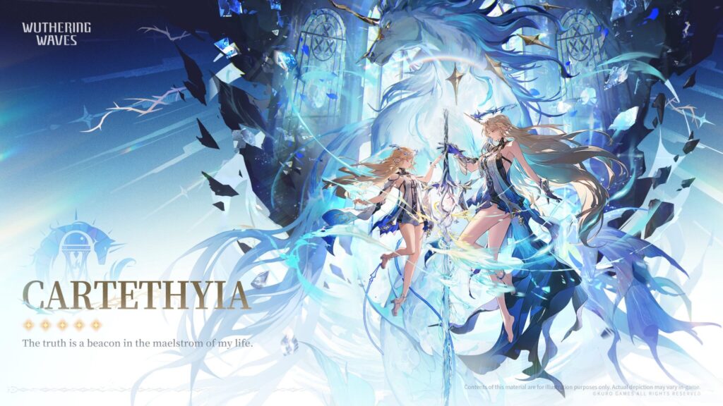 The image is an artistic poster for the Wuthering Waves character Cartethyia: The 5-star Resonator in Version WuWa 2.4.