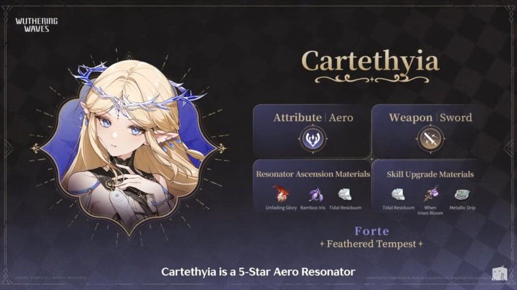 The image shows the essential summery of the WuWa character Cartethyia; her attributes, weapon, and materials.