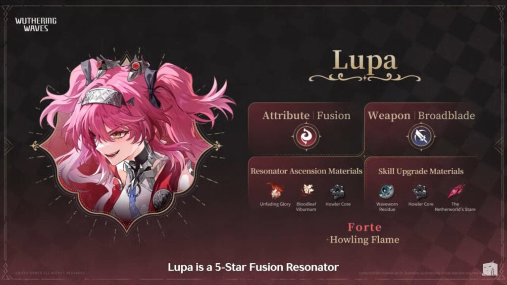 The image shows the essential summery of the WuWa character Lupa; her attributes, weapon, and materials.