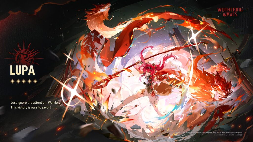 The image is an art poster for the Wuthering Waves character Lupa: The 5-star Resonator in Version WuWa 2.4.