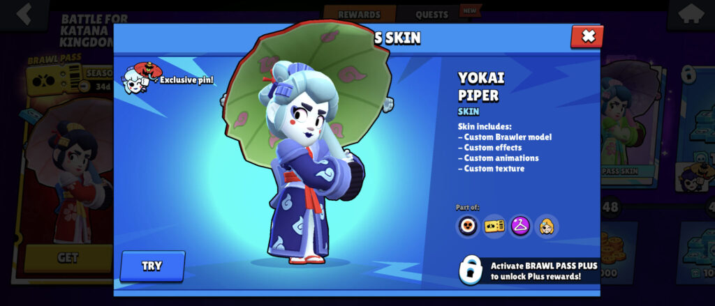 It's a Brawl Stars screenshot: the skin Yokai Piper is a Premium Plus reward in the Brawl Pass season Battle for Katana kingdom.