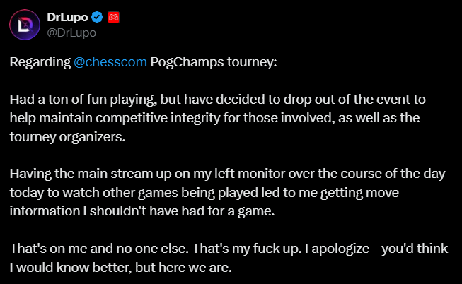DrLupo's initial post about withdrawing from PogChamps 6 (Image via DrLupo/X)