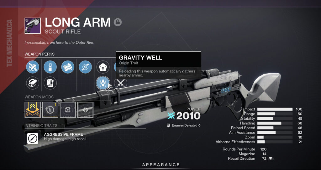 Long Arm, a scout rifle from Destiny 2, with perks and stats displayed.