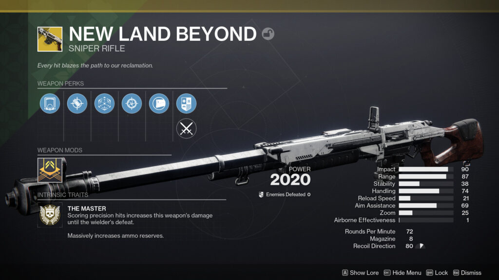 The New Land Beyond sniper rifle in Destiny 2 with perks and stats.