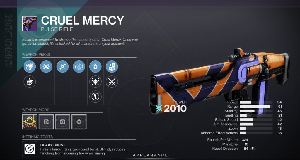 Cruel Mercy, a weapon from Destiny 2, with perks and stats displayed.