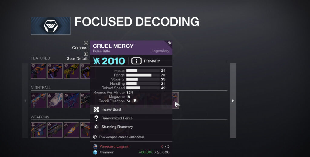 A screenshot of the Focused Decoding screen for Vanguard weapons at Zavala in Destiny 2.