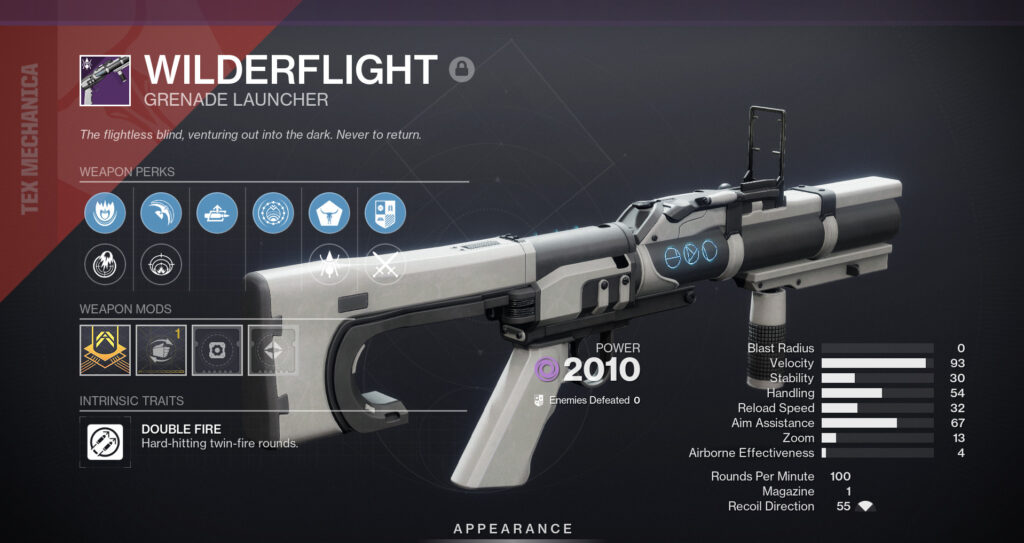 Wilderflight from Destiny 2 with perks and stats.
