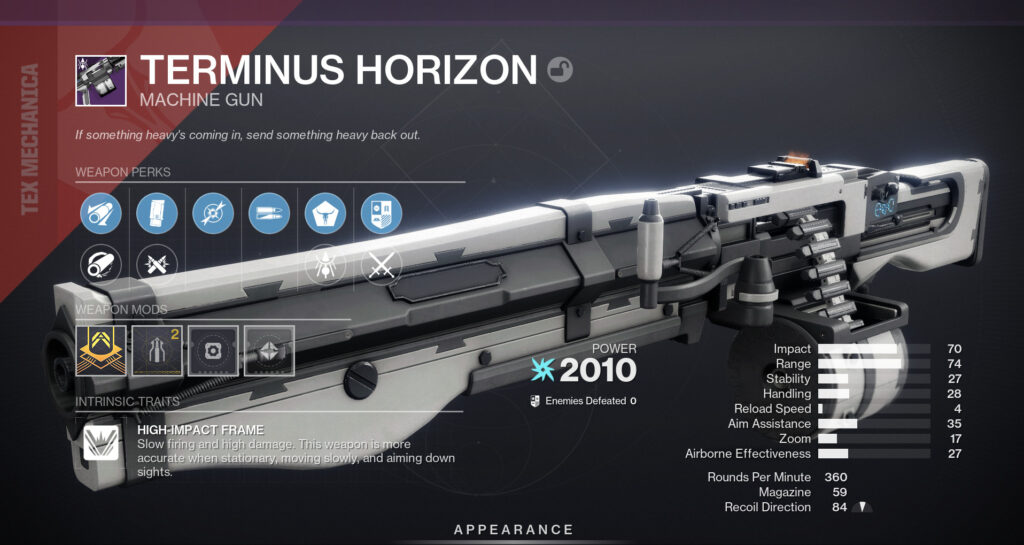 Terminus Horizon machine gun from Destiny 2 with perks and stats.