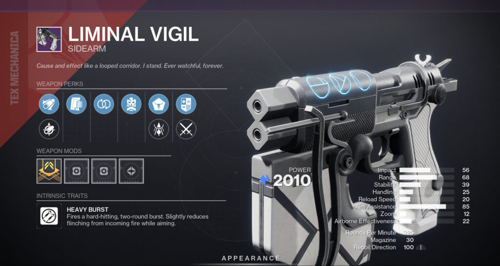 Liminal Vigil sidearm from Destiny 2 with perks and stats.