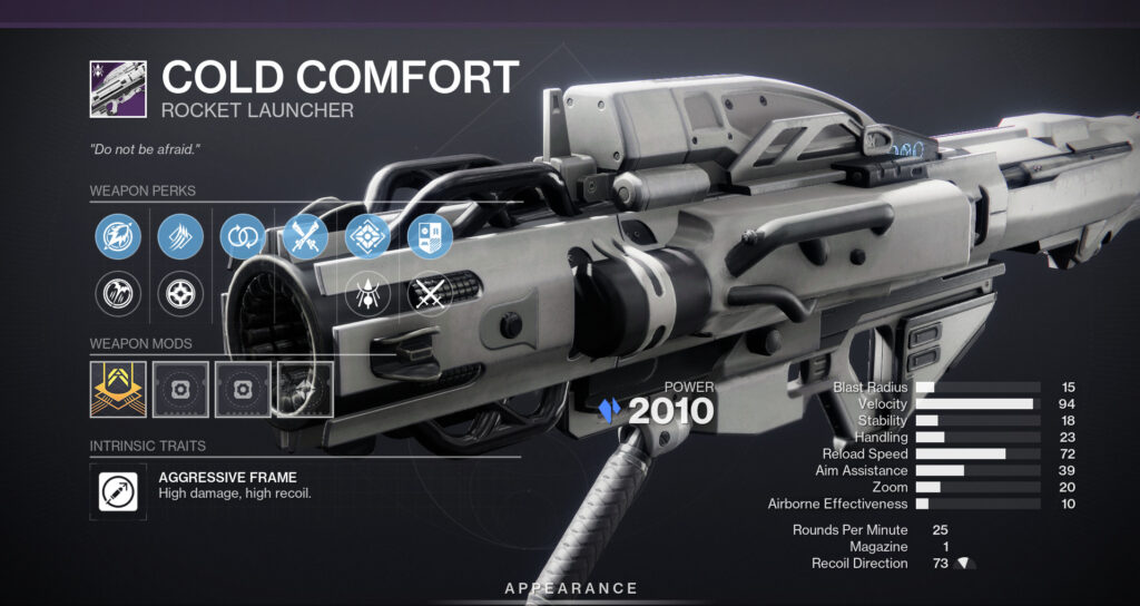 The Cold Comfort rocket launcher from Destiny 2's Rite of the Nine with perks and stats displayed.
