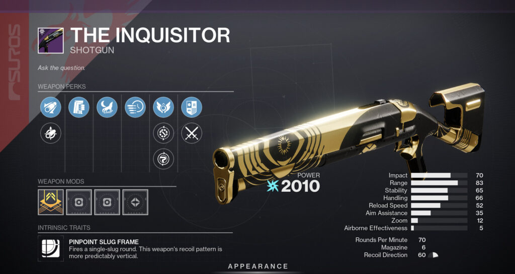 The Inquisitor shotgun from Destiny 2 with stats and perks.