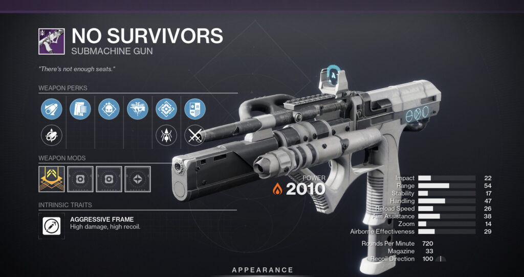 No Survivors SMG from Destiny 2.