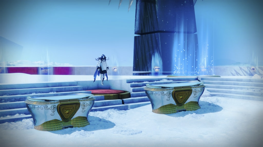 The Emissary stands by two chests in Eternite in Destiny 2's Rite of the Nine.