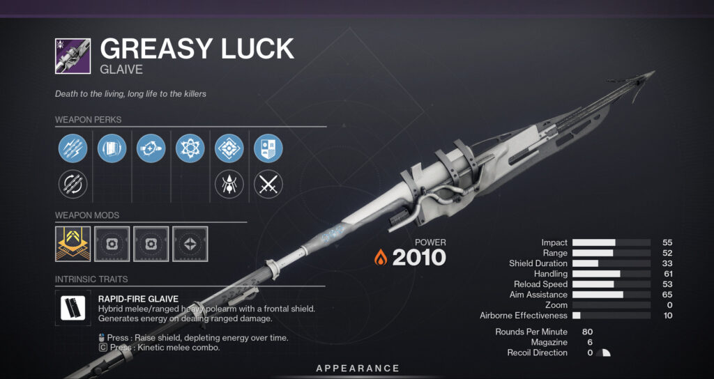 The Greasy Luck glaive from Destiny 2 with stats.