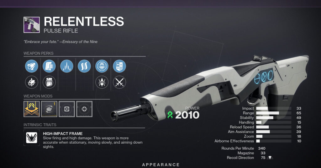 The Relentless pulse rifle in Destiny 2 with perks and stats.