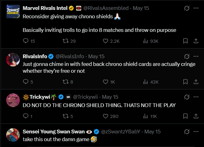 Community reacts to Chrono Shield Cards in Marvel Rivals (Screenshot via esports.gg)