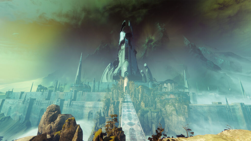A wide shot of the Dreaming City overcome with Taken corruption in the Last Wish raid in Destiny 2.