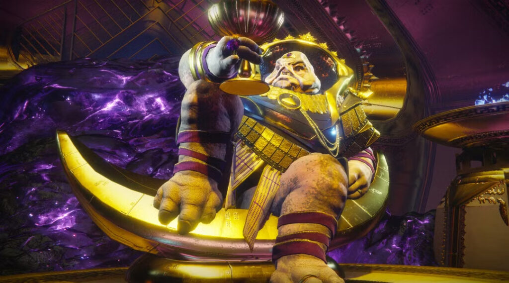 Emperor Calus sits on his golden throne drinking from a goblet in the Leviathan raid in Destiny 2.