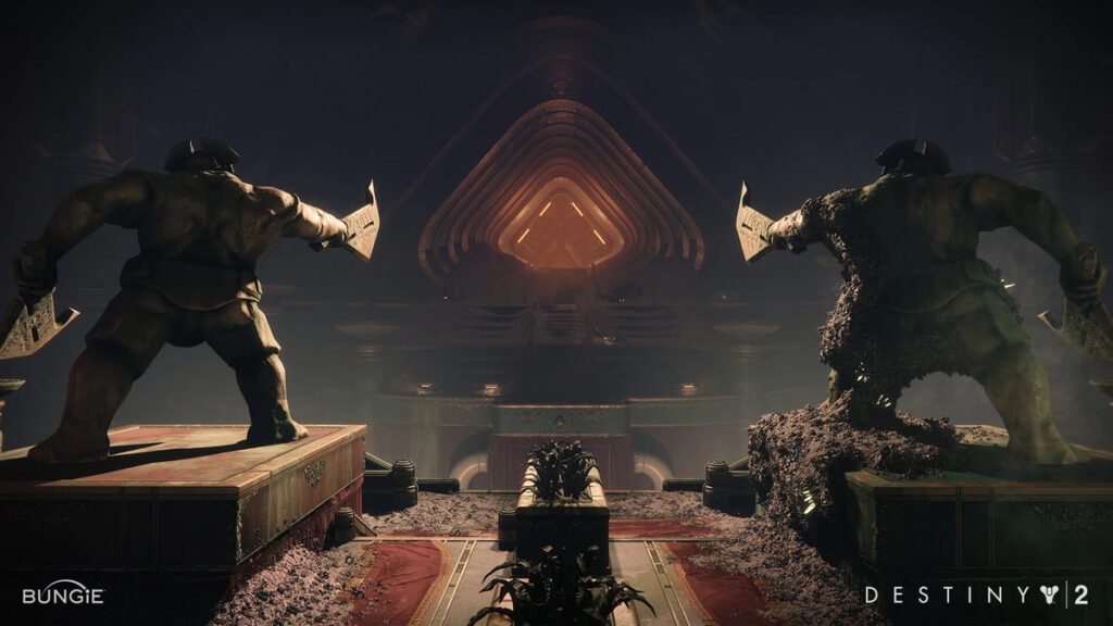 Guardians stand between two statues of Emperor Calus, beckoning into the Leviathan in Destiny 2.