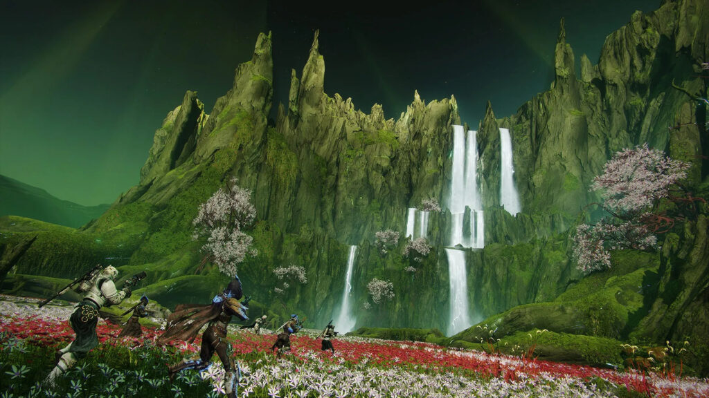 Guardians sprint in a field of red flowers in front of a moss-covered cliff, with Vex waterfalls flowing in the Black Garden in Destiny 2.